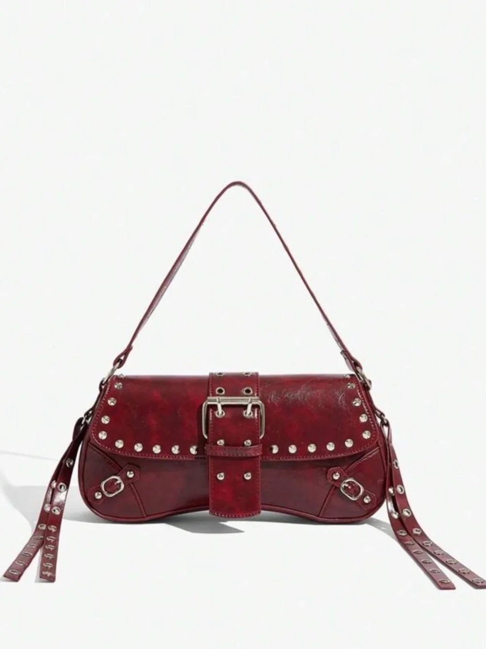 Burgundy Studded Buckle Shoulder Bag – Y2K Vintage Edgy Mini Handbag - Picture 3 of 8